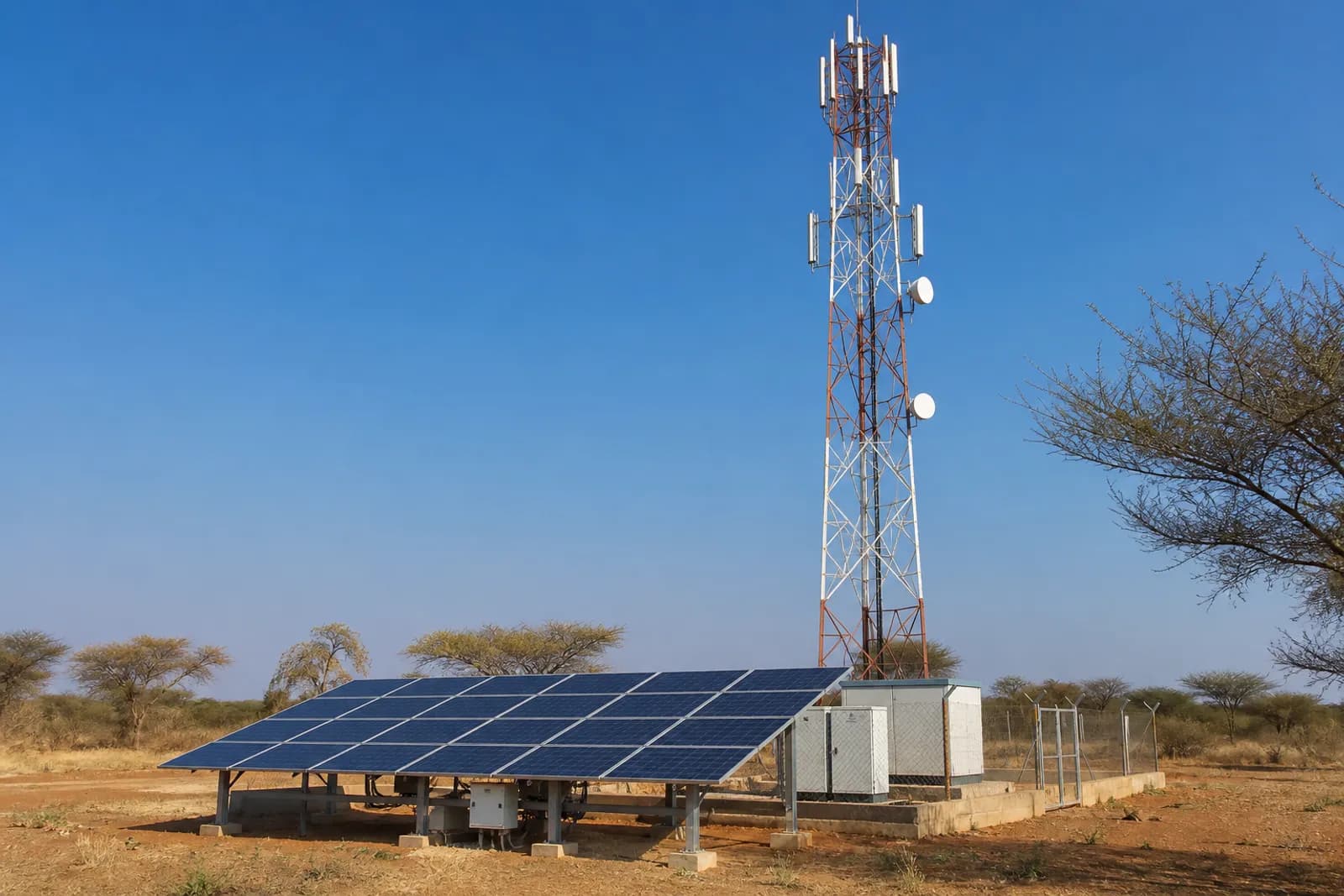Solar panels powering a telecom tower site